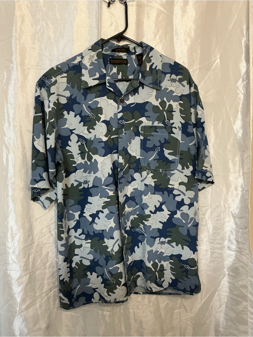 Lord & Taylor Blue and Green Camouflage Short Sleeve Button-Up Shirt - Picture 1 of 3